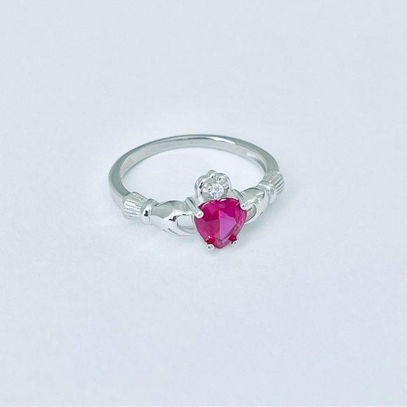 Sterling Silver Ruby CZ Heart Claddagh Ring, Silver Rings, July Birthstone, - Picture 10 of 12